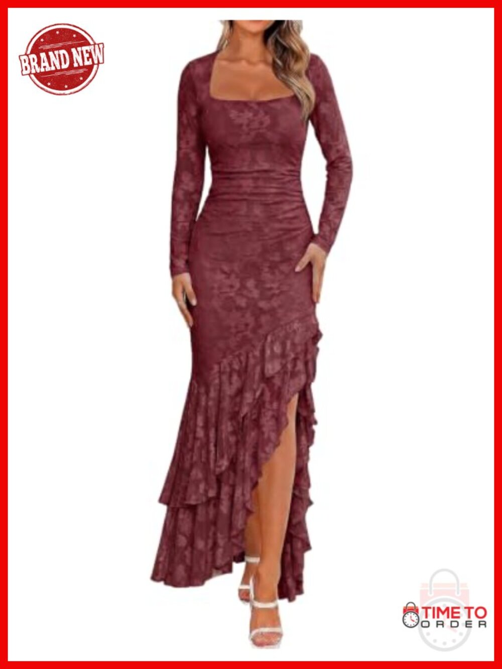 Elegant Long Sleeve Maxi Dress Square Neck High Slit Ruched Wedding Guest Fall